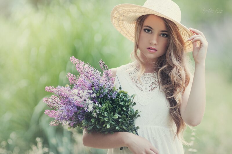 Woman Holding Flowers — White, Serene, Summer, Photograph