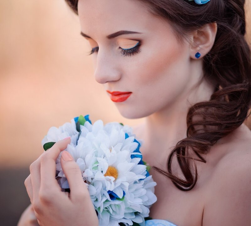 Woman Holding Flowers — White, Serene, Sunset, Photograph, Makeup