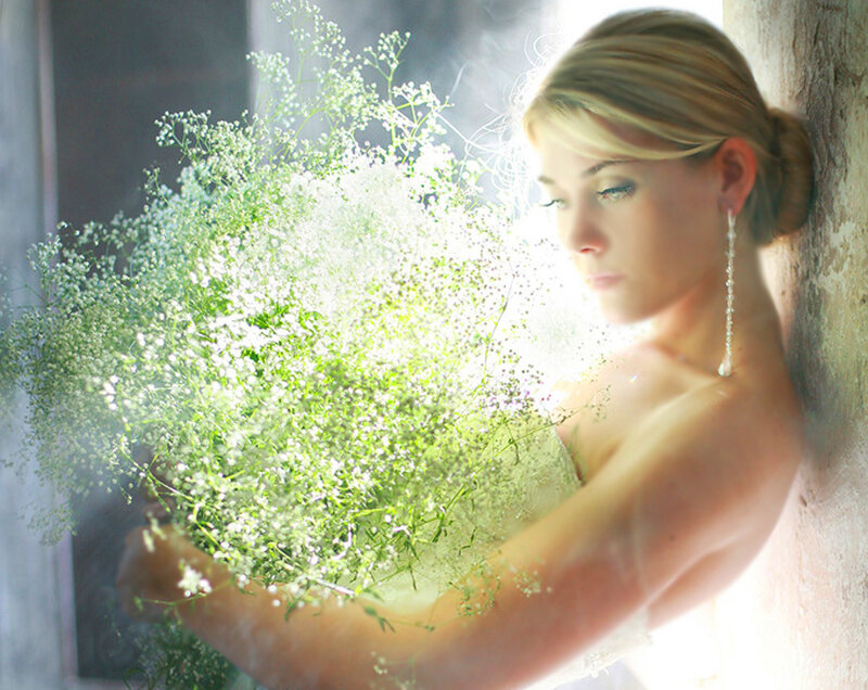 Woman Holding Flowers — White, Serene