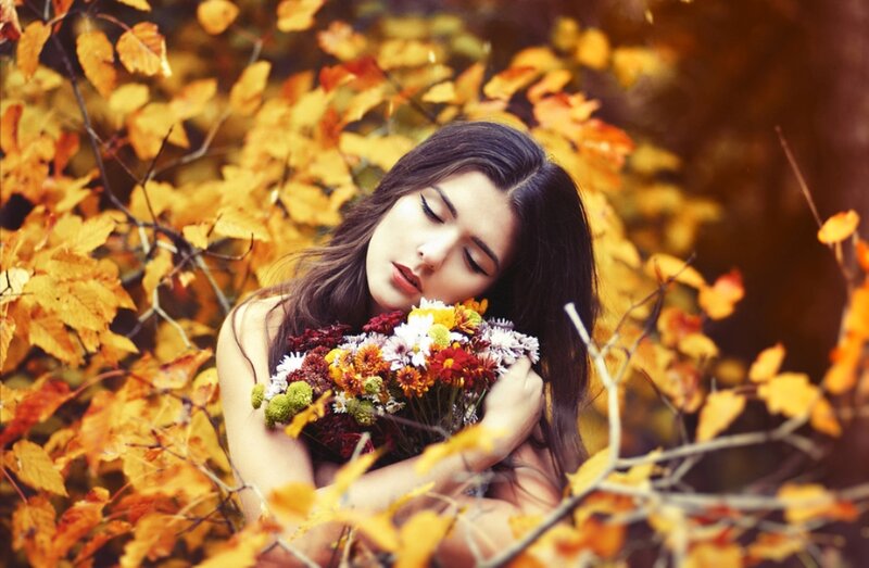 Woman Holding Flowers — Yellow, Serene, Autumn
