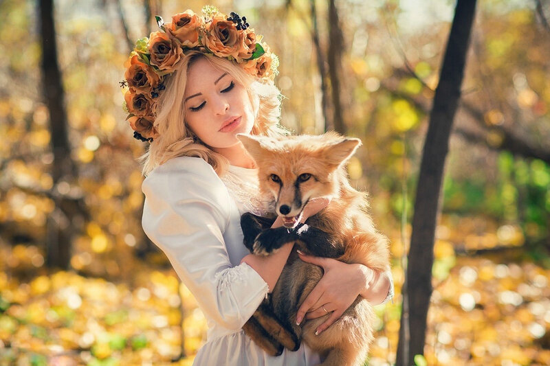 Woman Holding Fox — White