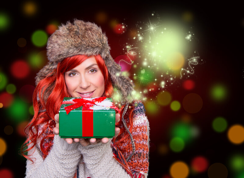 Woman Holding Gift Box — Green, Festive