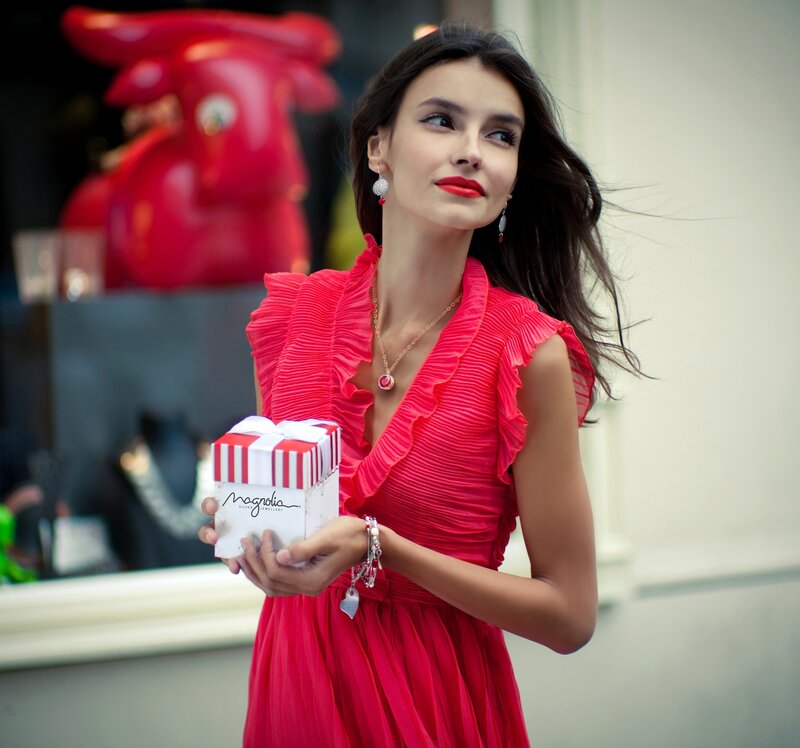 Woman Holding Gift Box — Red, Elegant