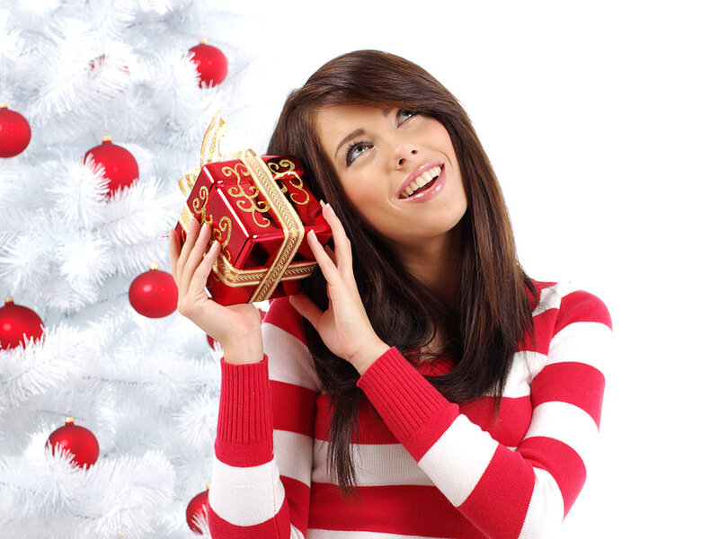 Woman Holding Gift Box — Red, Festive
