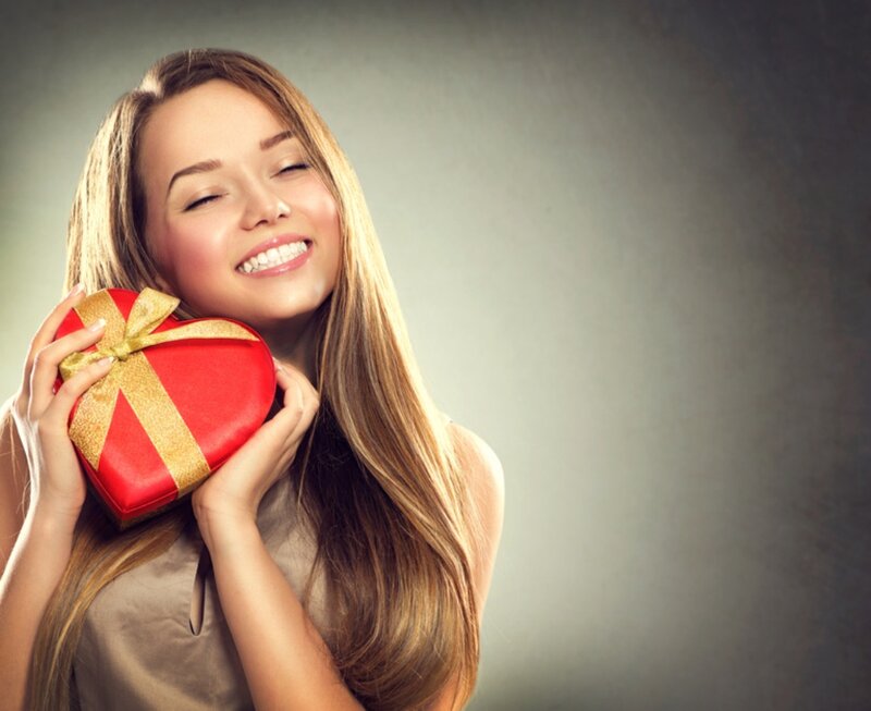 Woman Holding Gift Box — Red, Happy, Photograph, Gift Box, Heart Shape