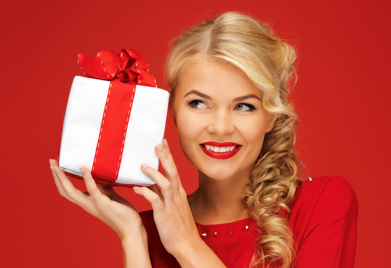Woman Holding Gift Box — Red, Happy