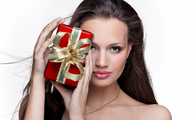 Woman Holding Gift Box — Red, Neutral