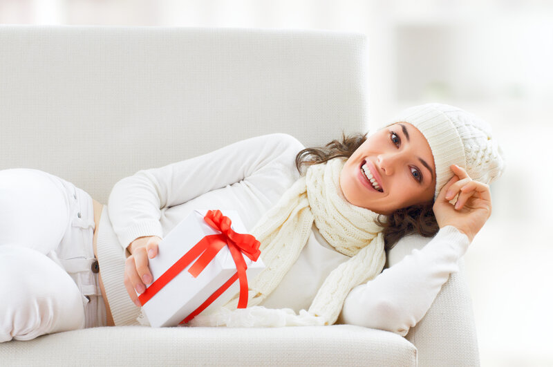 Woman Holding Gift Box — White, Happy