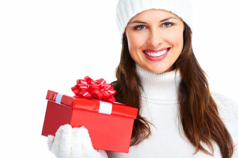Woman Holding Gift Box — White, Happy, Winter