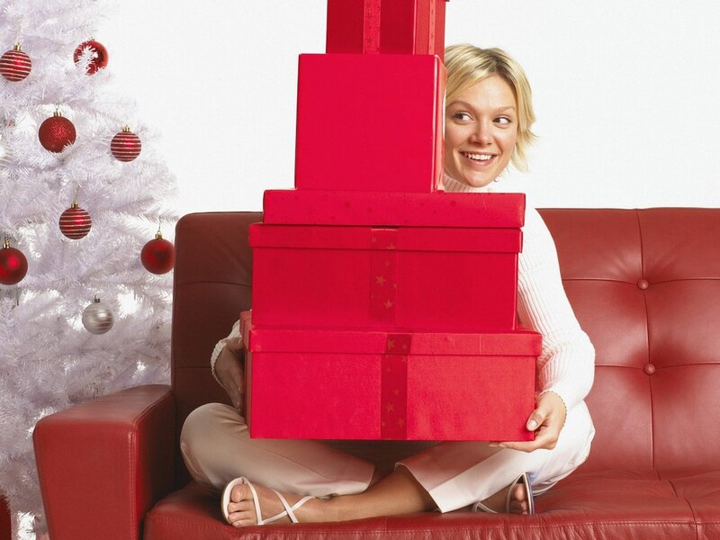Woman Holding Gift Boxes — Red