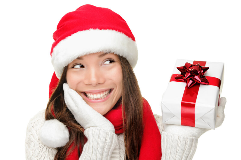 Woman Holding Gift — Red, Festive, Winter