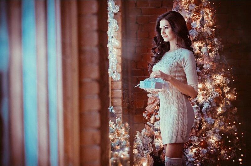 Woman Holding Gift — White, Festive, Winter