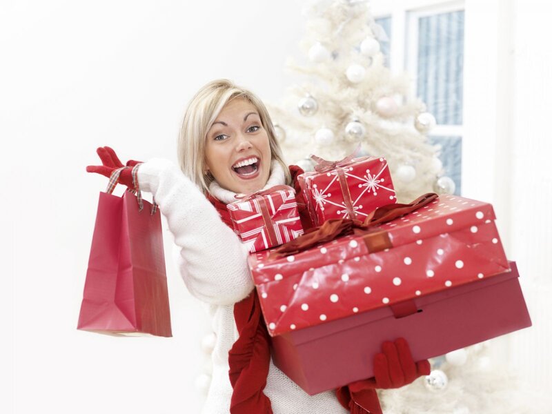 Woman Holding Gifts — Red, Festive