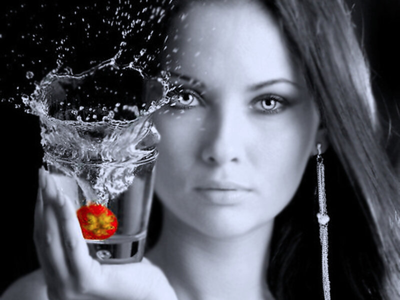 Woman Holding Glass — Black, Dramatic