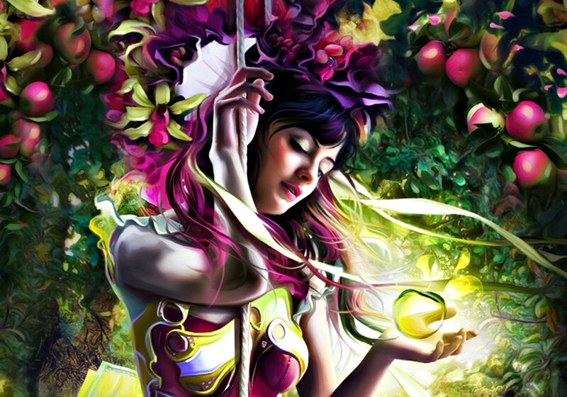 Woman Holding Glowing Apple — Purple