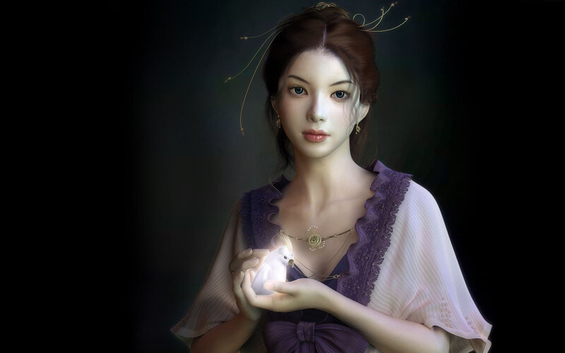 woman holding glowing bird