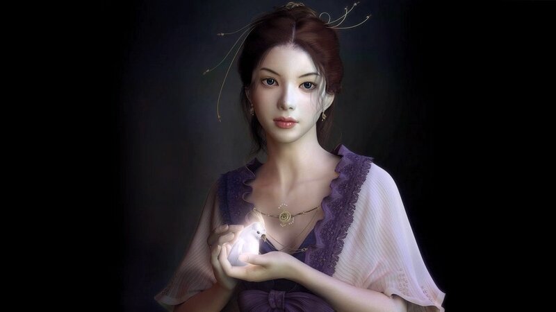 woman holding glowing bird