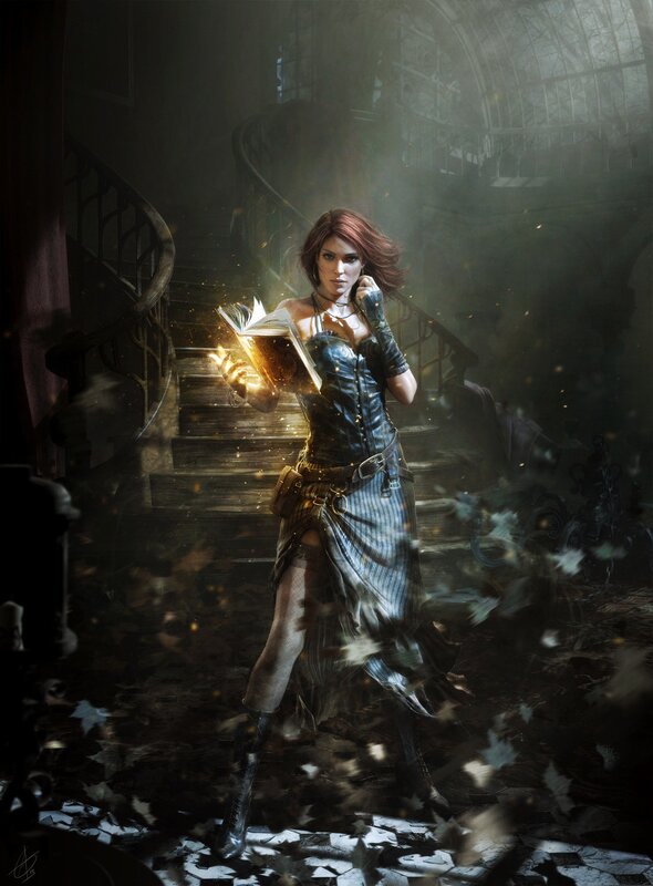 Woman Holding Glowing Book — Black, Dramatic
