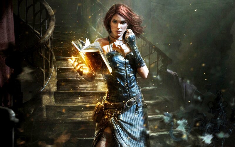 Woman Holding Glowing Book — Brown, Dramatic