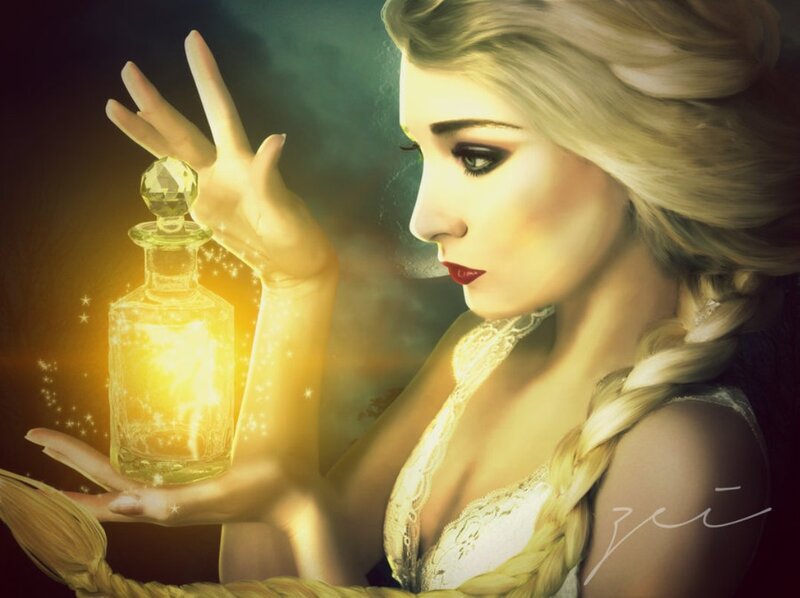 Woman Holding Glowing Bottle — Gold