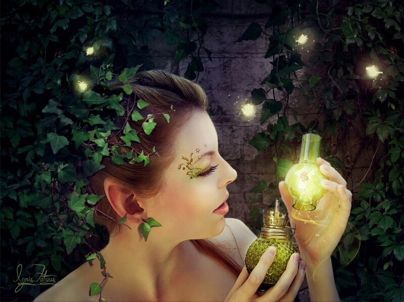 Woman Holding Glowing Bottle — Green