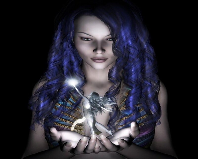 woman holding glowing figure
