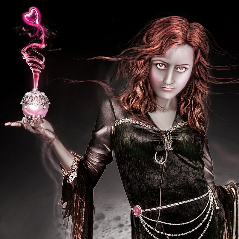 Woman Holding Glowing Flask — Black