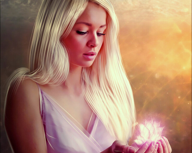 Woman Holding Glowing Flower — Gold
