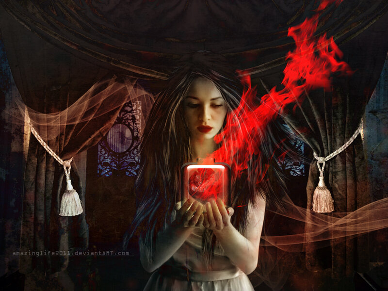 Woman Holding Glowing Heart — Red, Dramatic