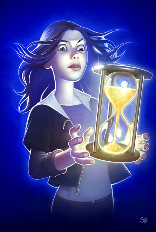 woman holding glowing hourglass