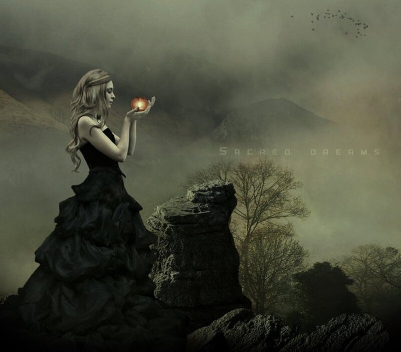 Woman Holding Glowing Orb — Black, Dramatic, Digital Art, Glowing Orb