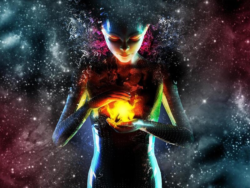 Woman Holding Glowing Orb — Black, Dramatic, Digital Art