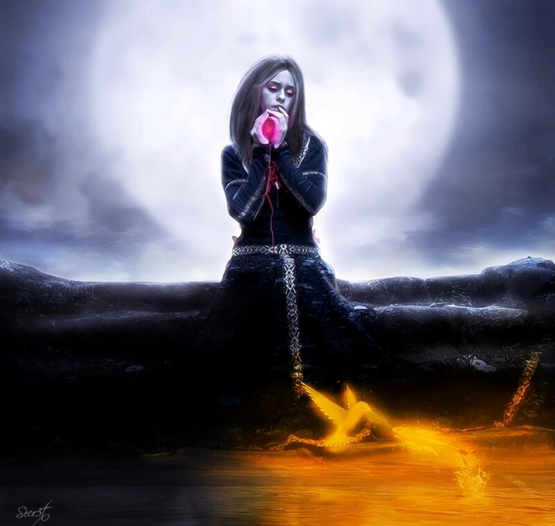 Woman Holding Glowing Orb — Black, Dramatic, Night, Digital Art, Moon