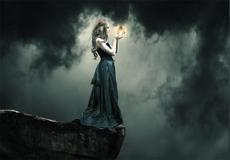 Woman Holding Glowing Orb — Black, Dramatic, Night