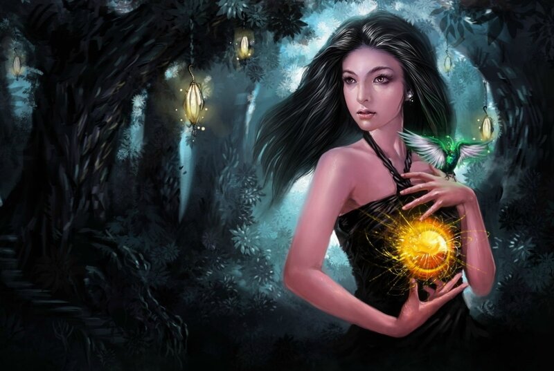 Woman Holding Glowing Orb — Black, Mystical, Night, Digital Art, Bird, Lanterns