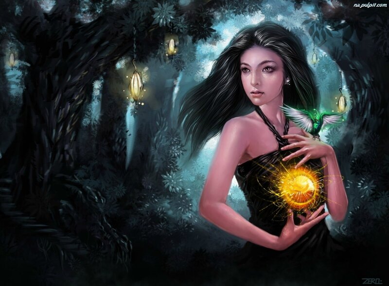 Woman Holding Glowing Orb — Black, Mystical, Night, Digital Art, Bird