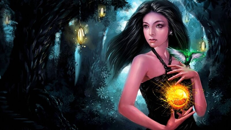 Woman Holding Glowing Orb — Black, Mystical, Night, Digital Art, Glowing Orb