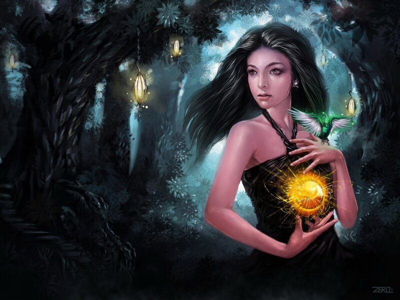 Woman Holding Glowing Orb — Black, Mystical, Night