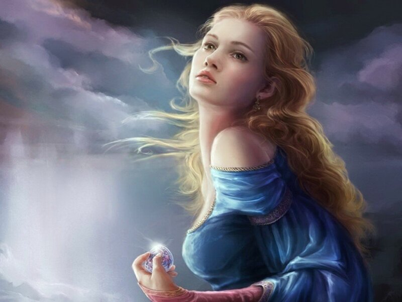 Woman Holding Glowing Orb — Blue, Dramatic, Digital Art, Clouds