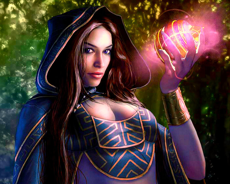 Woman Holding Glowing Orb — Blue, Dramatic, Digital Art, Hooded Cloak