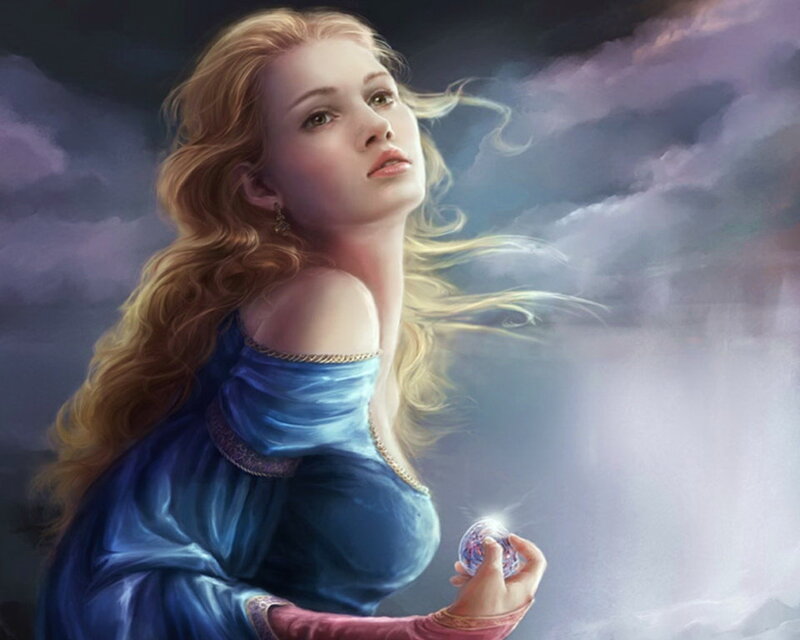 Woman Holding Glowing Orb — Blue, Dramatic, Digital Art, Long Hair