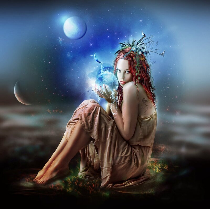 Woman Holding Glowing Orb — Blue, Mystical, Night, Digital Art, Moon