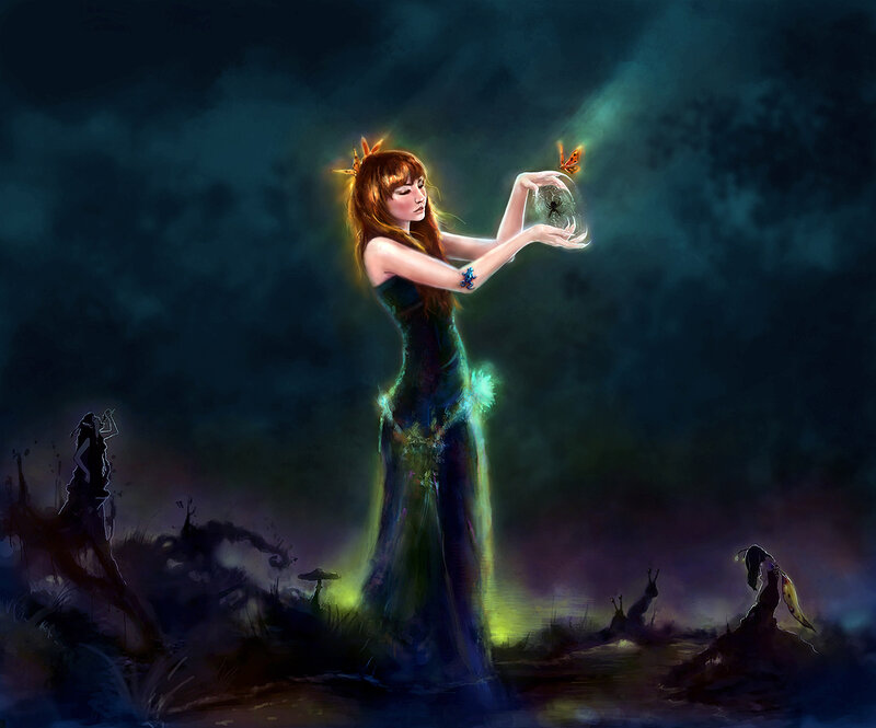 Woman Holding Glowing Orb — Dark Blue