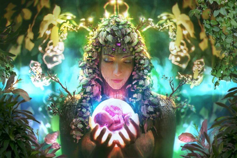 Woman Holding Glowing Orb — Green, Serene