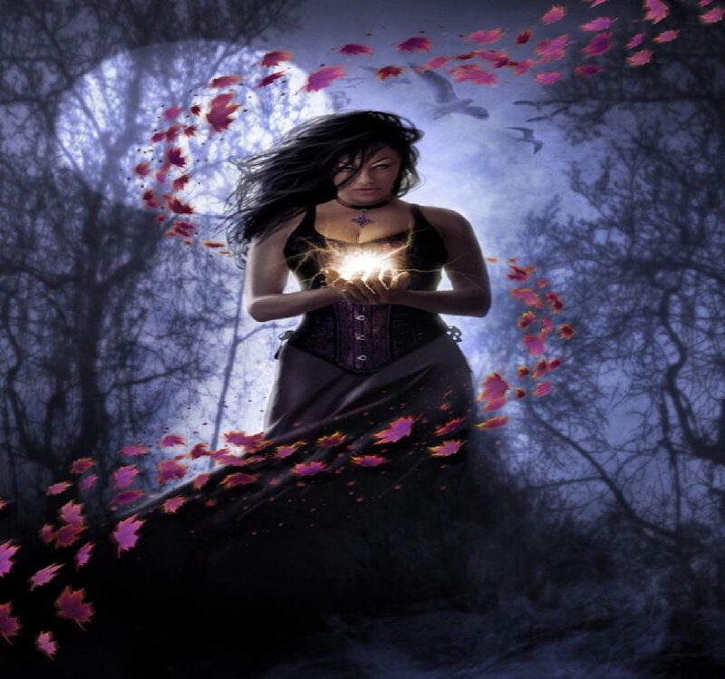 Woman Holding Glowing Orb — Purple, Dramatic, Night, Digital Art, Leaves