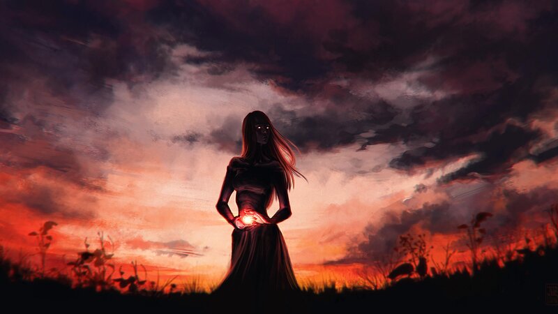 Woman Holding Glowing Orb — Red, Dramatic, Sunset