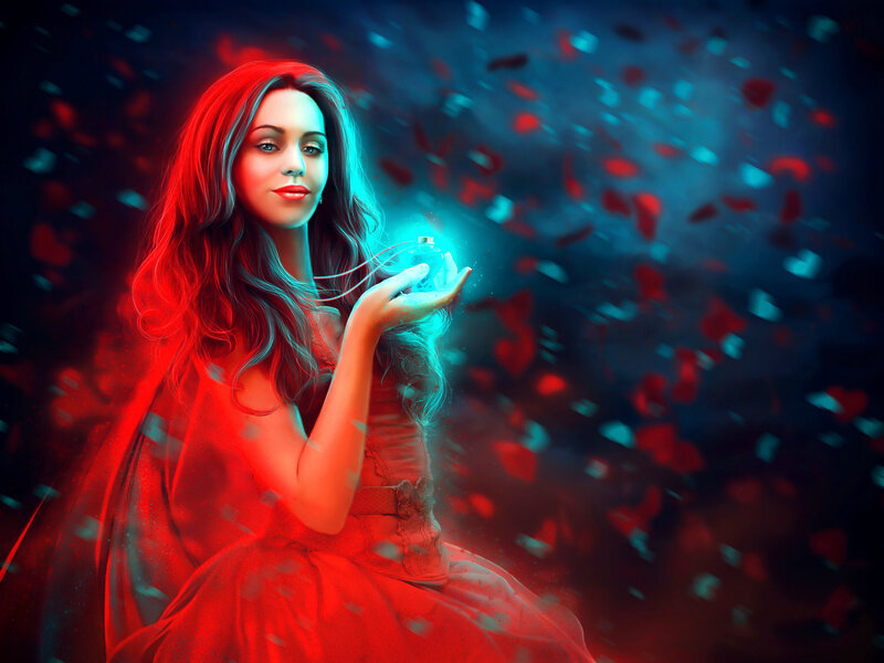 Woman Holding Glowing Orb — Red, Dramatic