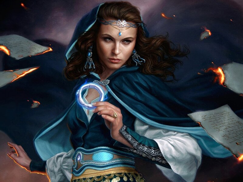 Woman Holding Glowing Ring — Blue, Dramatic