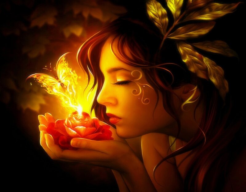 Woman Holding Glowing Rose — Orange