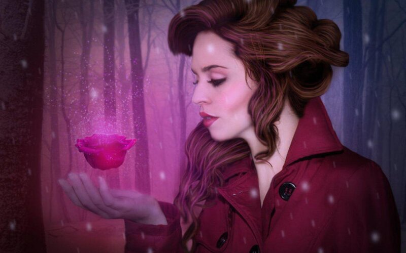 Woman Holding Glowing Rose — Purple
